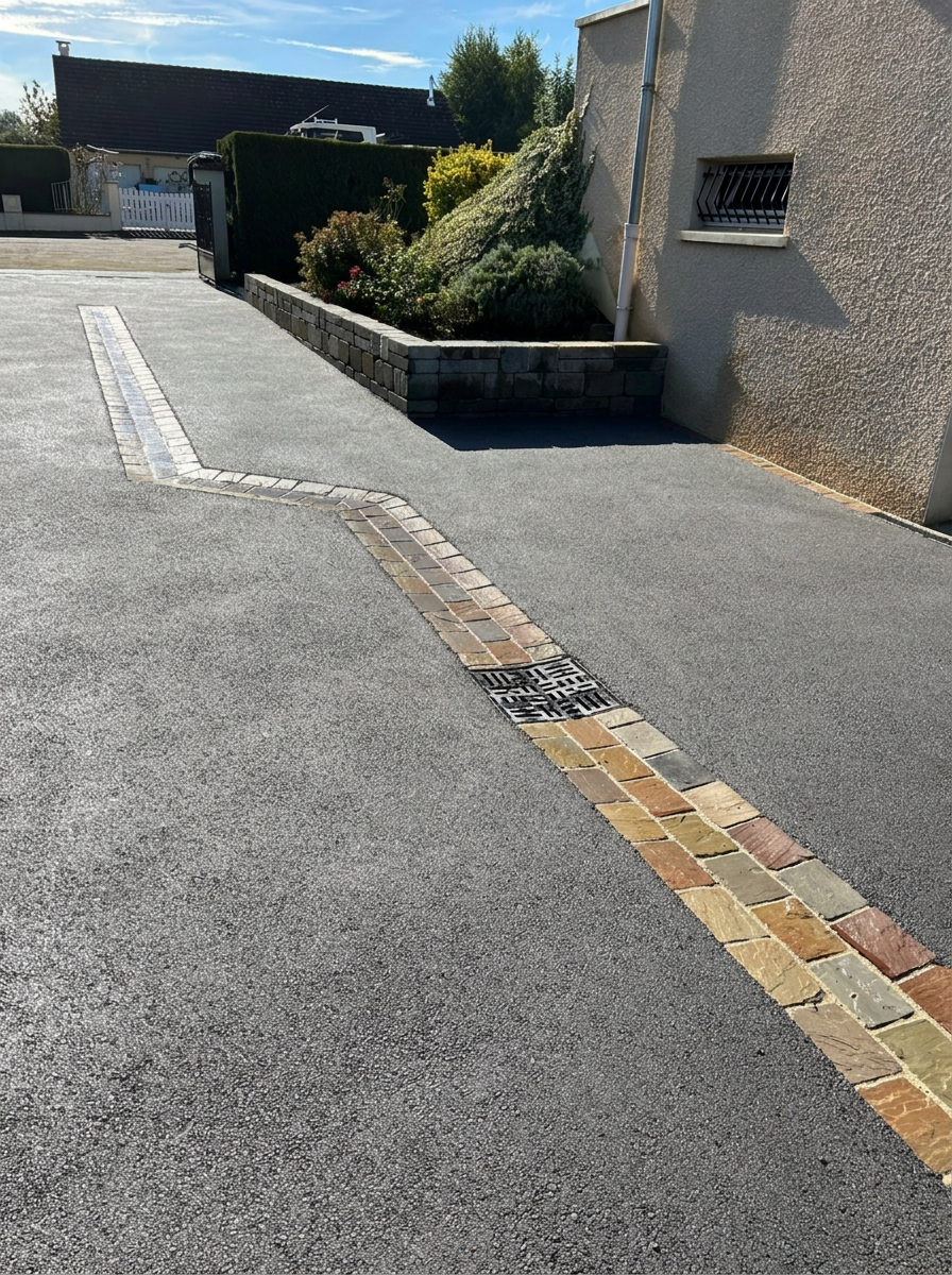 Cour en enrobé avec insert pavés et muret pierre