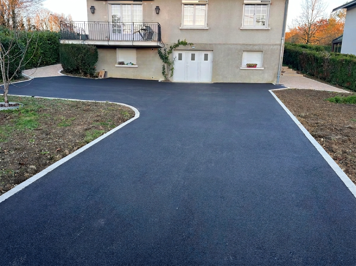 Une cour et un accès en enrobé noir devant la maison